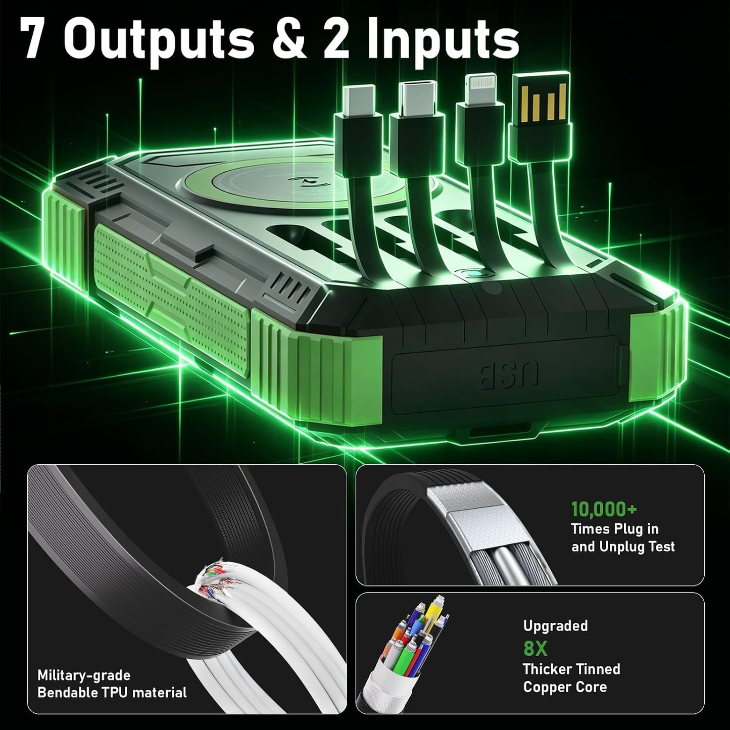 Solar Power Bank 49800mAh 22.5W QC3.0 Fast Charging Built in 4 Cables with USB C 6 Outputs & 2 Inputs for All Cell Phone Portable Wireless Charger Bright LED Flashlight Perfect for Camping