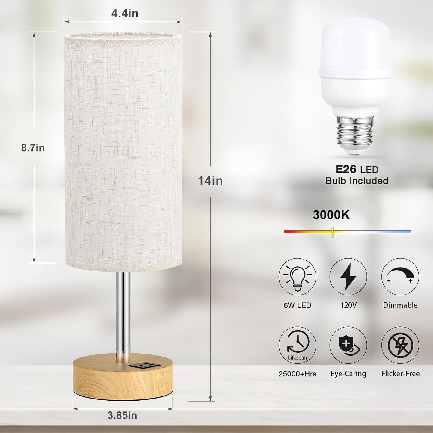 Dicoool Bedside Table Lamp for Bedroom - 3-Way Dimmable Touch Lamp, USB A+C | LED Bulb Included, 14" Small Nightstand Lamp for Desk, Living Room, Guest Room, Cream Fabric Lampshade, Wood-Grain Metal Base