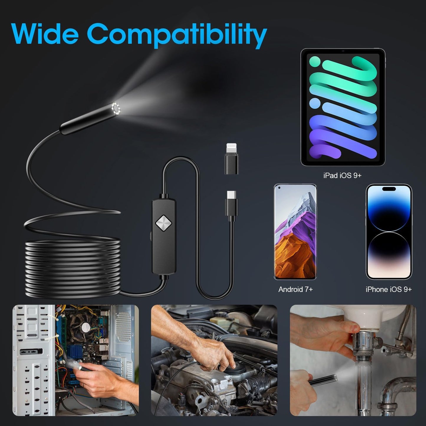 Endoscope with Light, 1920P HD Borescope with 8 Adjustable LED Lights, Semi-Rigid Snake Camera, IP67 Waterproof Inspection Tool (9.8ft, Black Harness + Single Lens)