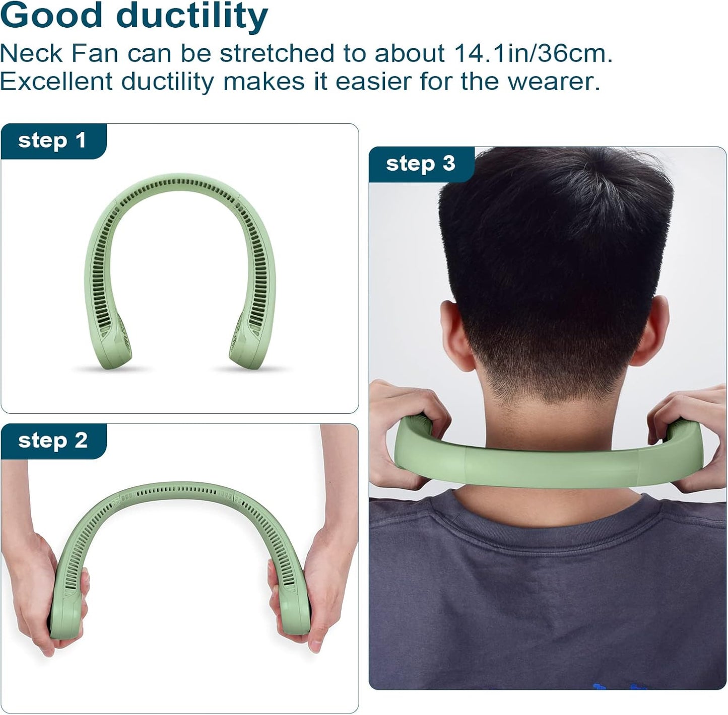 CIVPOWER Neck Fan: Portable Personal Neck Cooling Rechargeable Bladeless Fan - Hands Free 3 Speed 4000 mAh Battery USB Operated Wearable Headphone Design - Gift for Men Women Outdoor (Light Green)