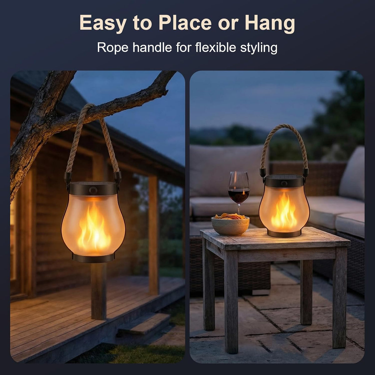 Solar Lanterns Outdoor Waterproof 4-Pack, Flickering Flame Effect | Rechargeable lanterns with USB-C charging, a decorative hanging design, and dusk-to-dawn use for patios, porches and gardens