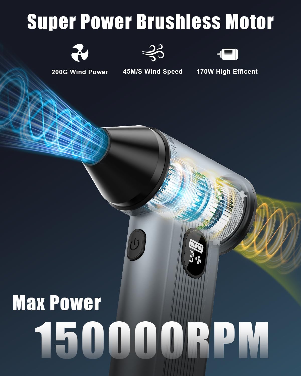 Compressed Air Duster with150,000RPM Brushless Motor, 8000mAh Battery, LED Light, 4-Gear Adjustable Electric Air Blower for Home, Car, Computer, Outdoor, Camera Len