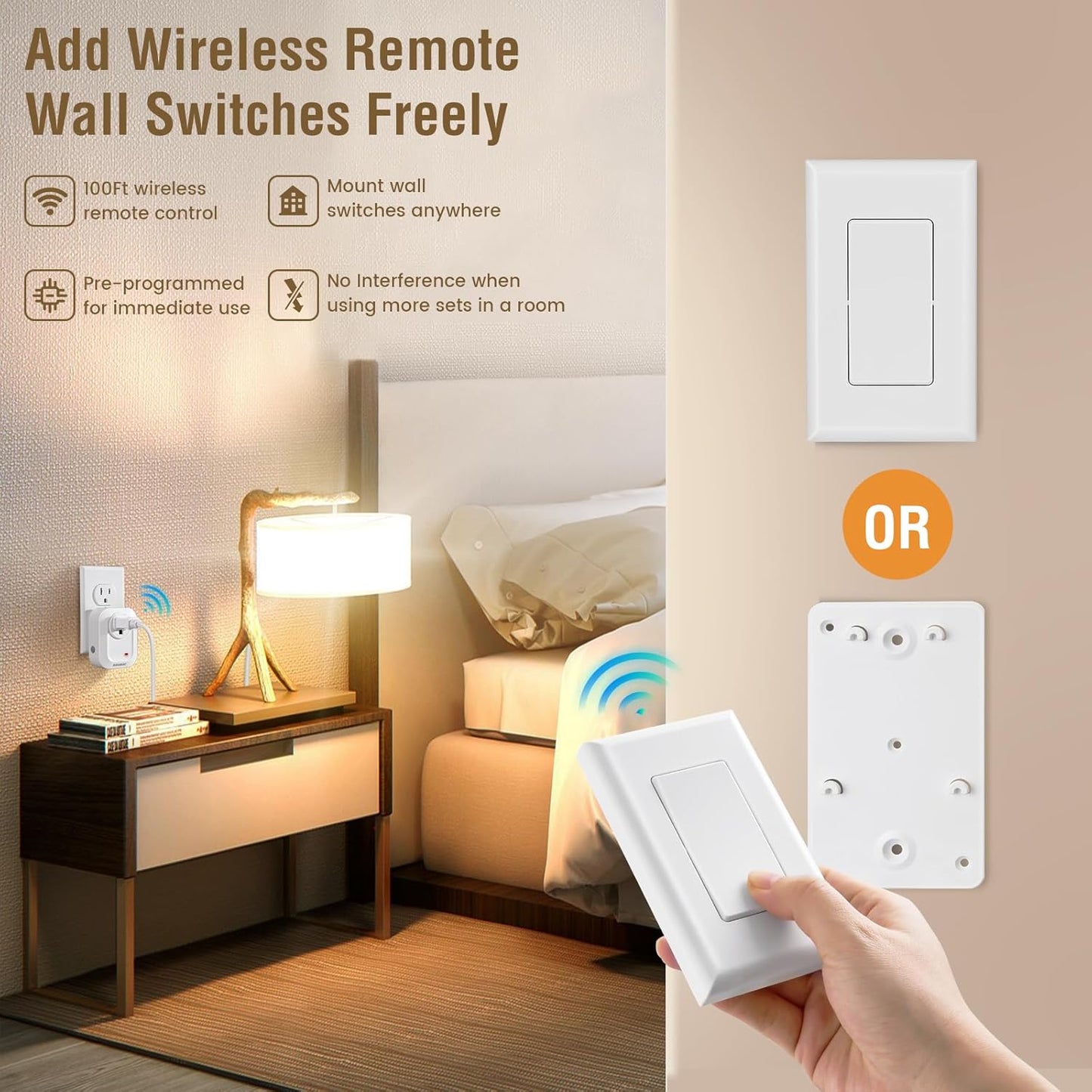 SURAIELEC Wireless Wall Switch Remote Control Outlet, 100 ft RF Range | Plug & Play, No Wiring Needed, Expandable Remote Light Switch Kit for Plug-in Pendant Light, Lamp, Small Electrical Appliance