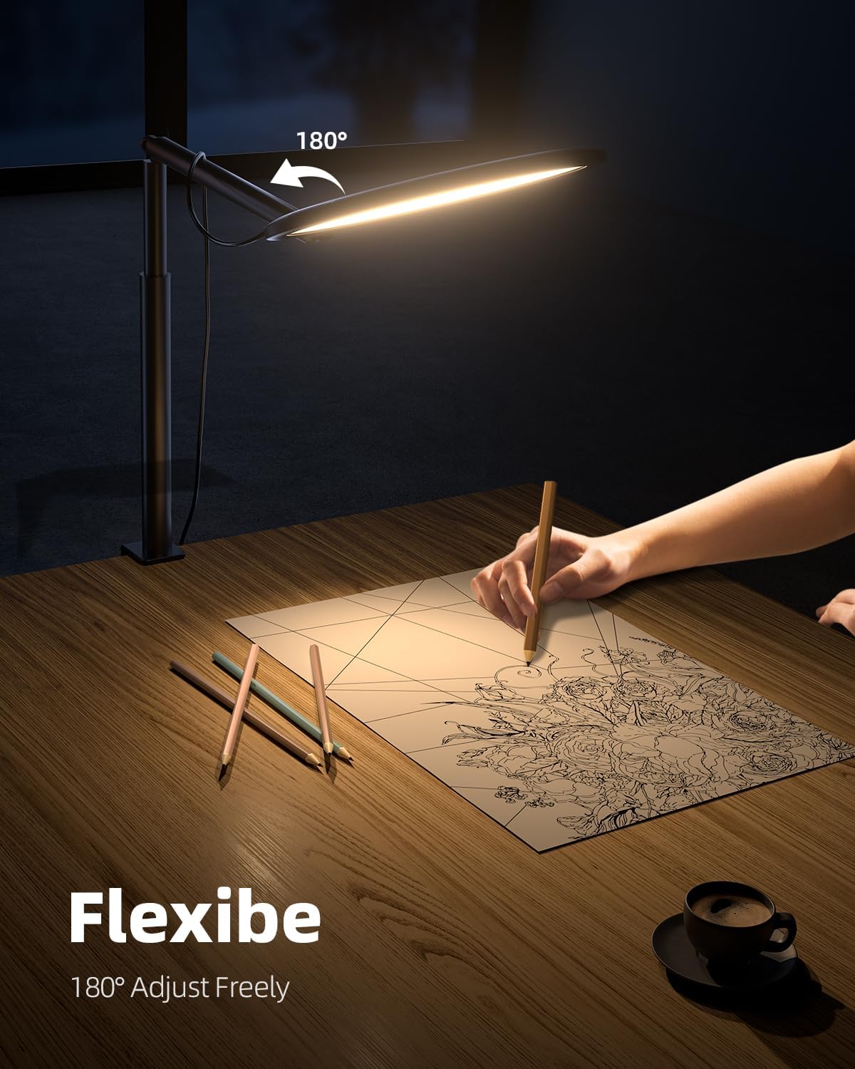 10.2" Desk Ring Light with Stand, 360° Rotate Desk Lamps for Home Office with C-Clamp, Flexible Height Desk Light, Adjust Arm Ring Light for Desk, Podcast, Gaming, Recording, Zoom Lighting