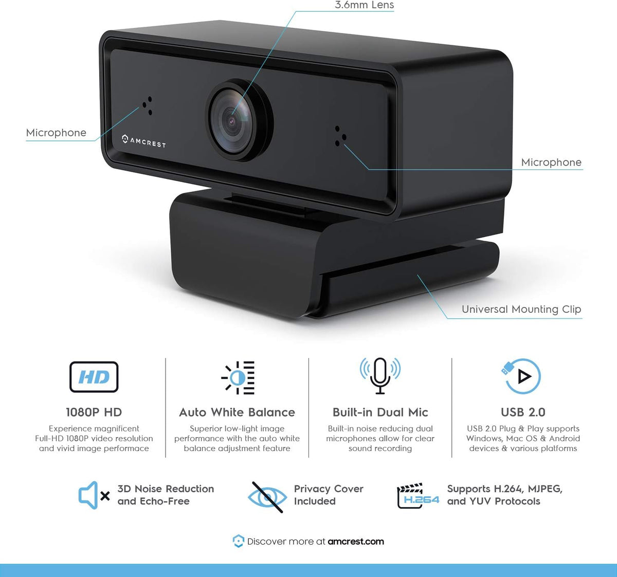 Amcrest 1080P Webcam with Microphone & Privacy Cover, 2 Noise-Cancelling Mics, USB Webcams for Desktop/Laptop PC Computer, Web Cam for Calls, Conference, Zoom, Skype, Online Classes, Meetings AWC2198