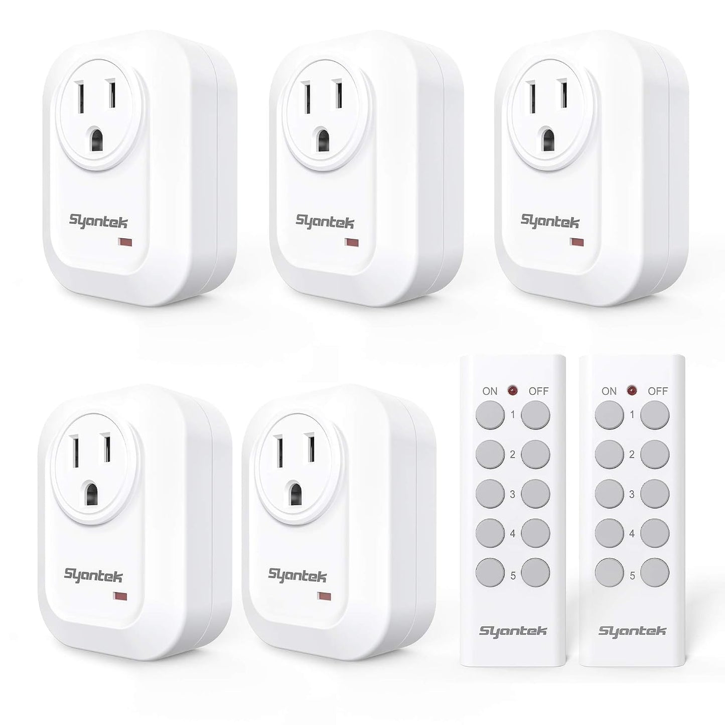 Syantek Upgraded Remote Control Outlet Wireless Light Switch for Household Appliances, Expandable Remote Light Switch Kit, Up to 100 ft Range, FCC Certified, ETL Listed, White (5 Outlets + 2 Remotes)