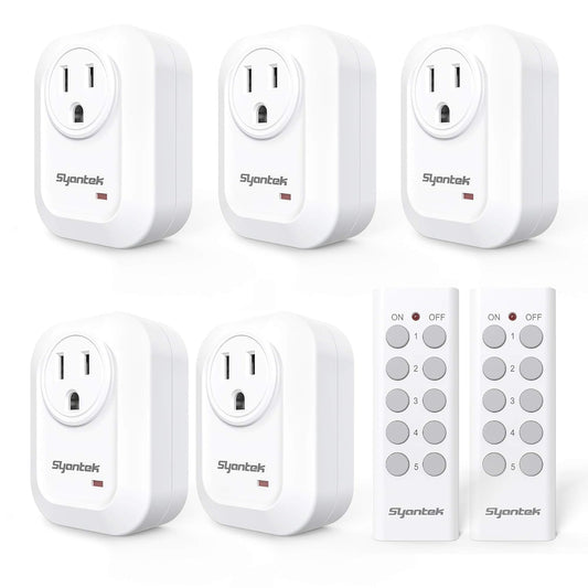 Syantek Upgraded Remote Control Outlet Wireless Light Switch for Household Appliances, Expandable Remote Light Switch Kit, Up to 100 ft Range, FCC Certified, ETL Listed, White (5 Outlets + 2 Remotes)