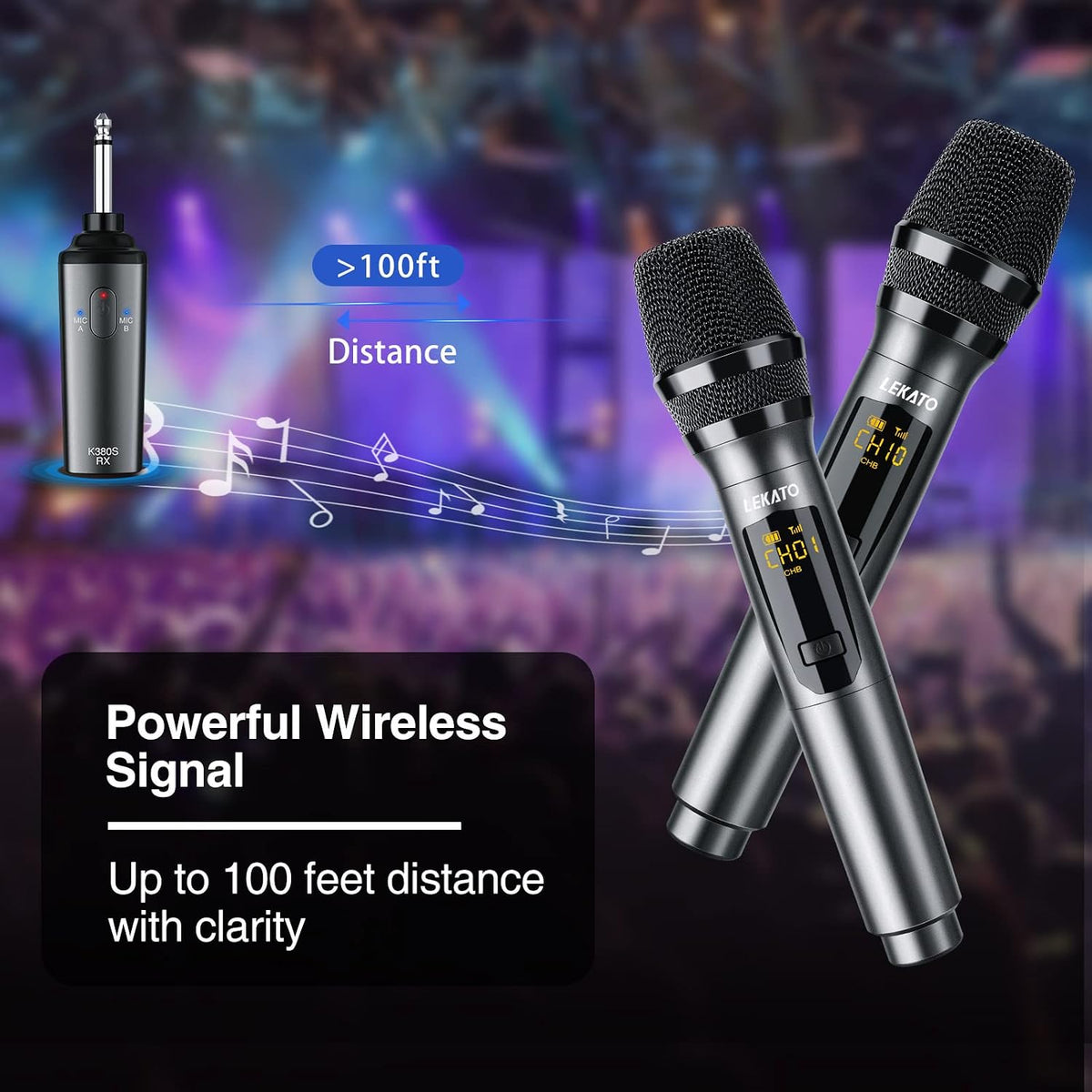 LEKATO Wireless Microphone Rechargeable Wireless Microphones with Receiver Dual Handheld Microphone System Dynamic MIC for Singing, Speech, Wedding, Church,Speaker, PA System(K380S)