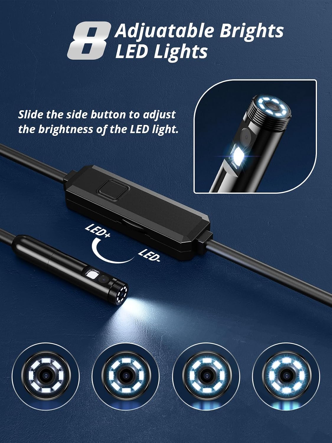Endoscope Camera with Light, Dual-Lens 1920P HD Borescope with 8 Adjustable LED Lights, IP67 Waterproof Boroscope Inspection Tools, 16.4ft Semi-Rigid Snake Camera for iOS & Android