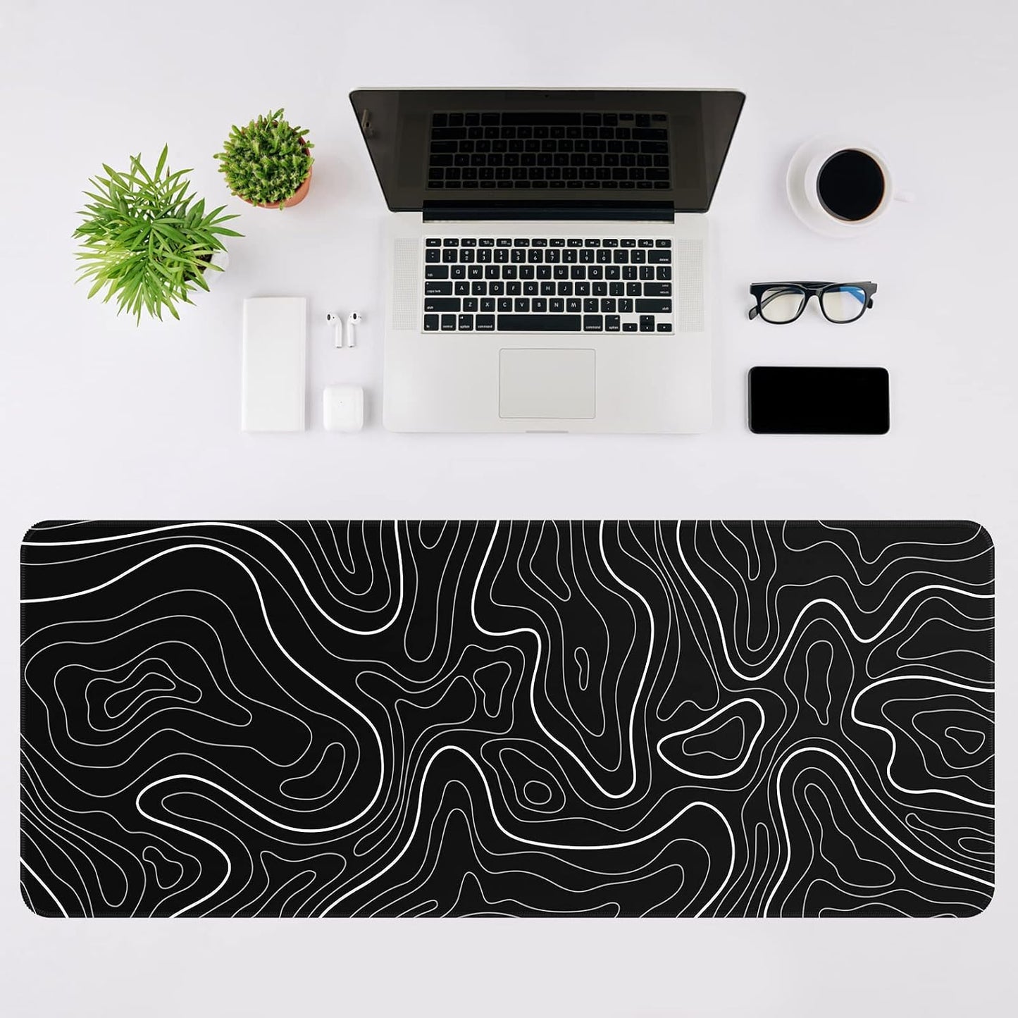 DIGSOM Gaming Mouse Pad, Black with White Topographic Line, 31.5x11.8in | XL Mouse mat, Smooth surface, Anti-slip rubber base, For keyboard and mouse, For home and office use