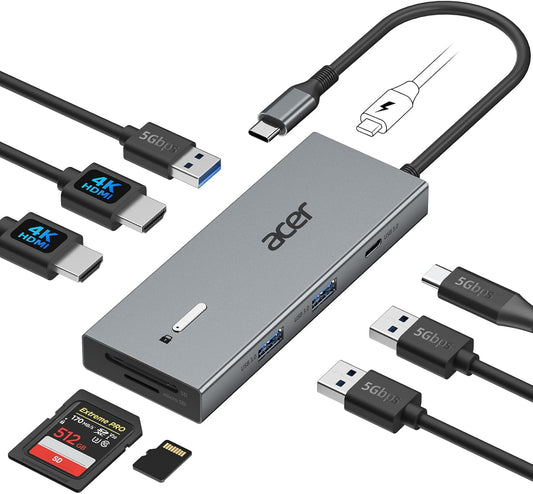 Acer USB-C Docking Station Dual Monitor, 9-in-1 Laptop Dock with 2 HDMI | Laptop Docking Station with 4K@60Hz HDMI, USB A&C 3.0, SD/Micro SD, 100W PD Compatible with Acer/Dell XPS/HP/Mac (0.65FT)