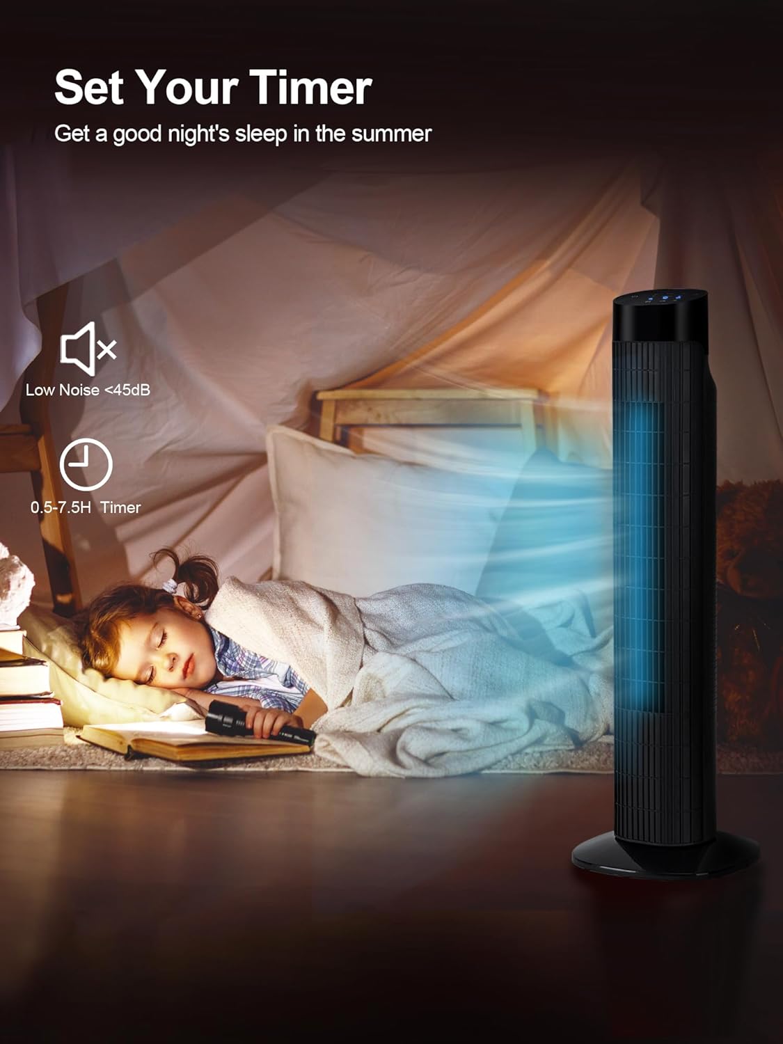 Uthfy 31 Inch Tower Fan for Bedroom, 120° Oscillating Quiet Standing Bladeless Fan With Remote, 7.5H Timer, 3 Speeds, 3 Modes, for Room, Dorm, Office, Matte Black