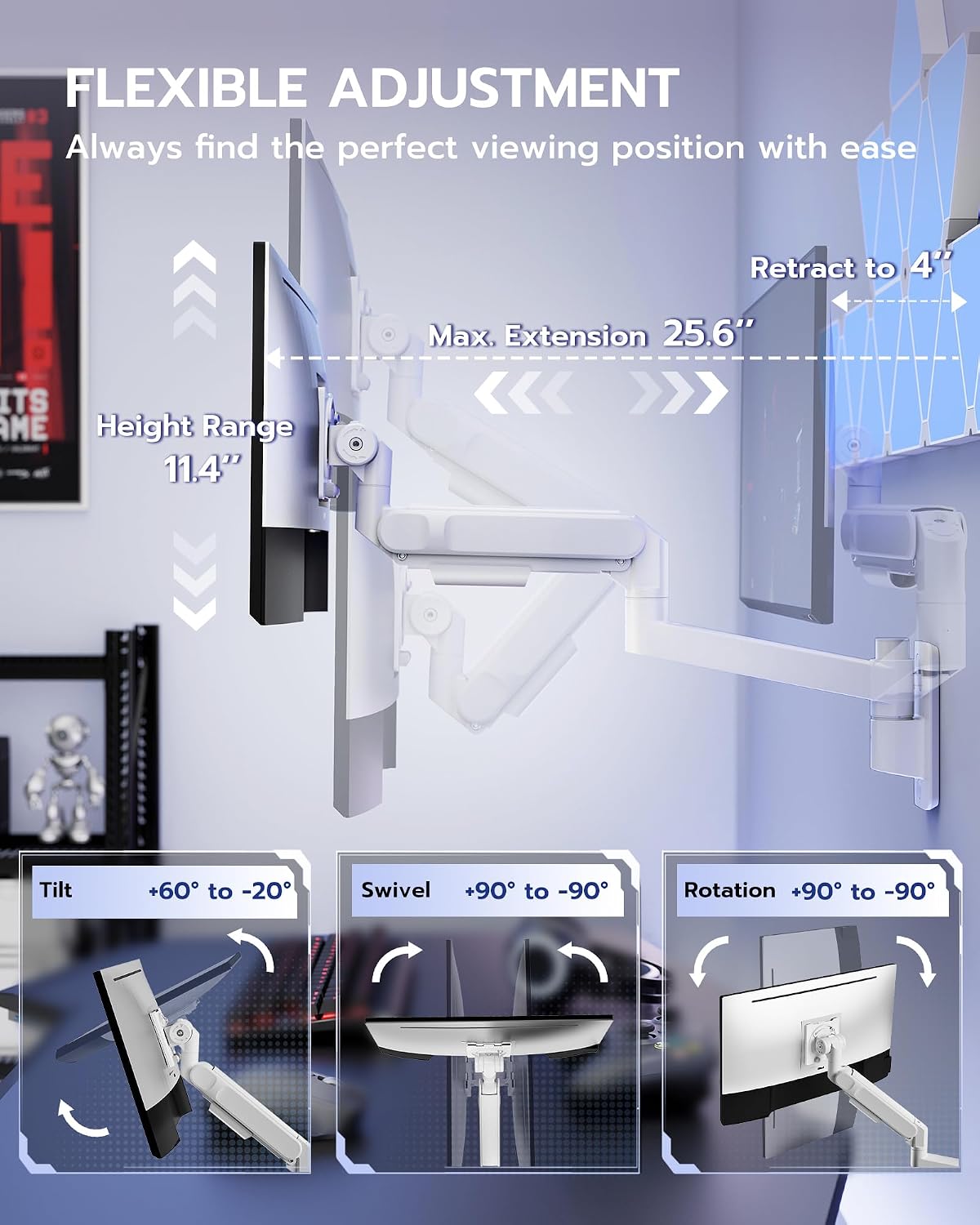 ARES WING Monitor Wall Mount for 24-57 Inch Ultrawide Screen, White | Premium Heavy Duty Gaming Monitor Arm for 60 lbs, Full Motion Gas Spring, Bearing Head for Easy Adjustment, 75/100 VESA Mount