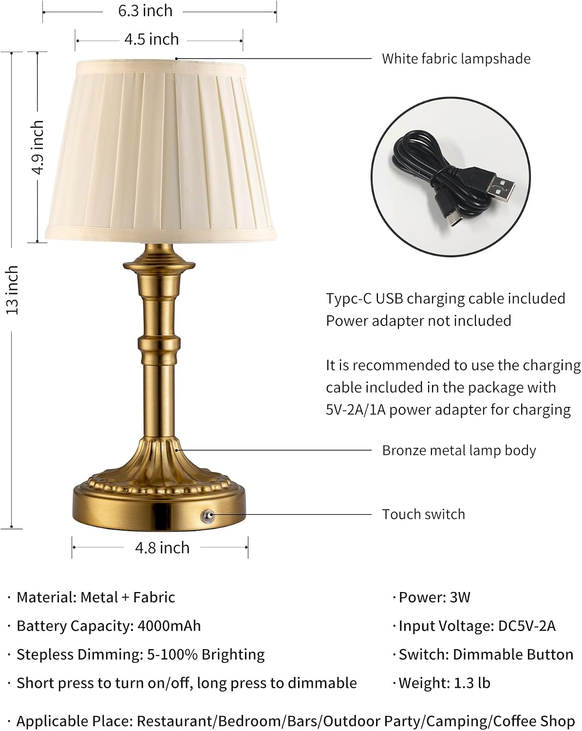 KDG Gold Cordless Portables Table Lamp, Beige Fabric Shade Small Desk Lamp | 4000mAh Battery Powered, LED Lighting, 2700K Stepless Dimmable, Light for Living Room, Dining Room, Bedroom, Home Decor