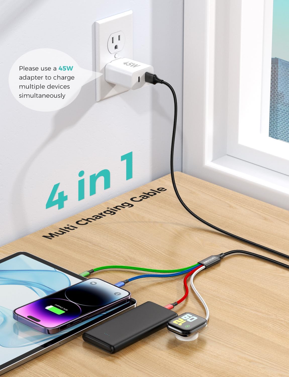 Cruise Essentials 2026,Travel Essentials,4 in 1 for Apple Watch Charger/iPhone Charger/Multi Charging Cable Camping Vacation,USB C/L/Micro Portable Charger for iWatch 11-1/iPhone 17-12,Car-4FT