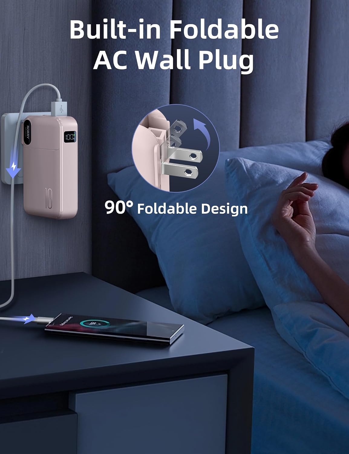 RORRY Portable Charger w/Wall Plug 10000mAh Power Bank 22.5W Battery Pack | Built in Cables, Fast Charging, for iPhone, iPad, Samsung Galaxy, Pixel, LG, Travel Essential, Digital Display, Pocket Size