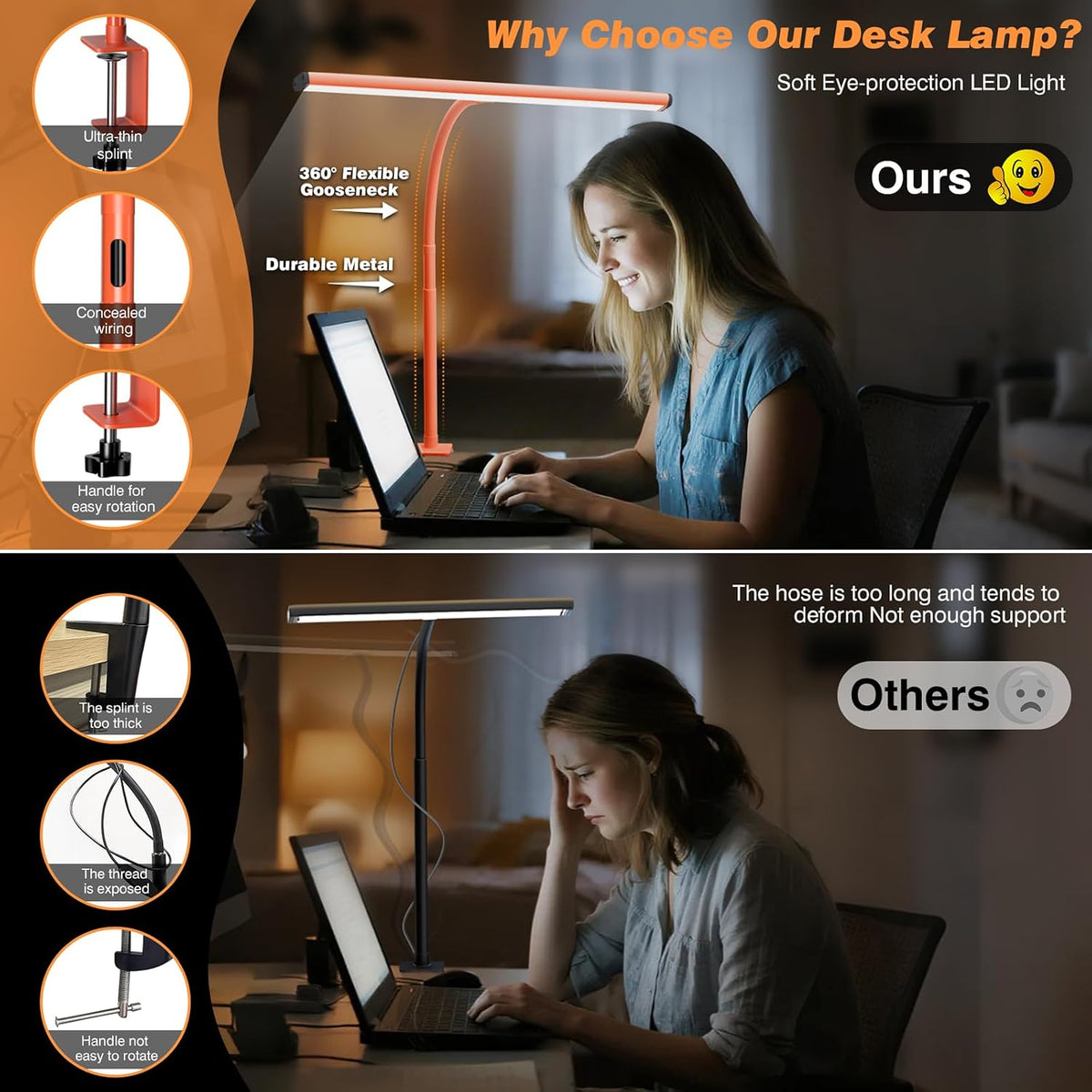 Airlonv LED Desk Lamp with Clamp, 17" Stepless Dimming Light, Orange