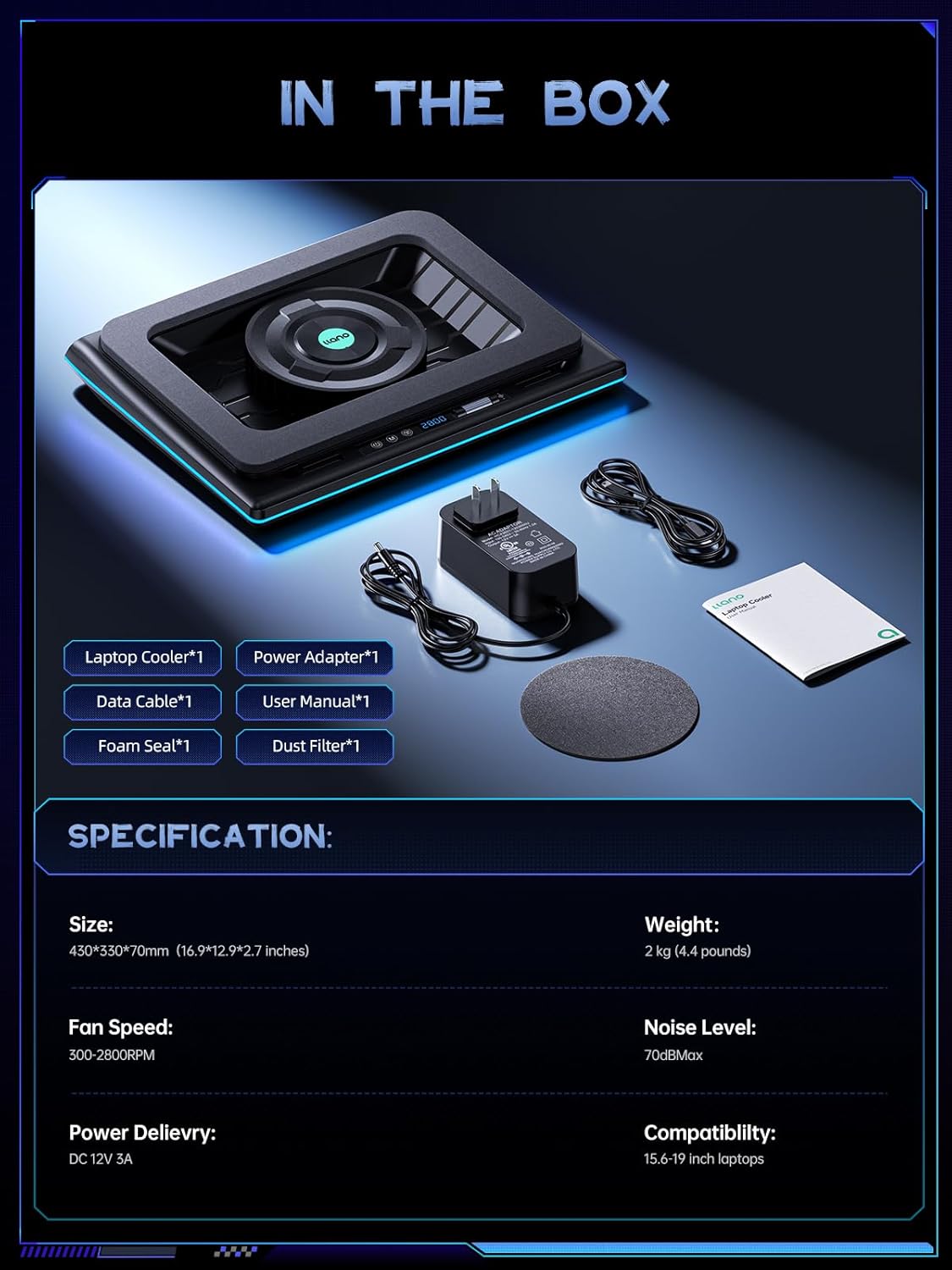 llano V12 Gaming Laptop Cooling Pad Laptop Cooler Laptop Cooling Fan Stand | 5.5 Inch Turbofan, Airtight Pressure Chamber, for 15.6-19in Laptop, Adjustable Speed, Dustproof, 3-Port USB Hub, Black (RGB)