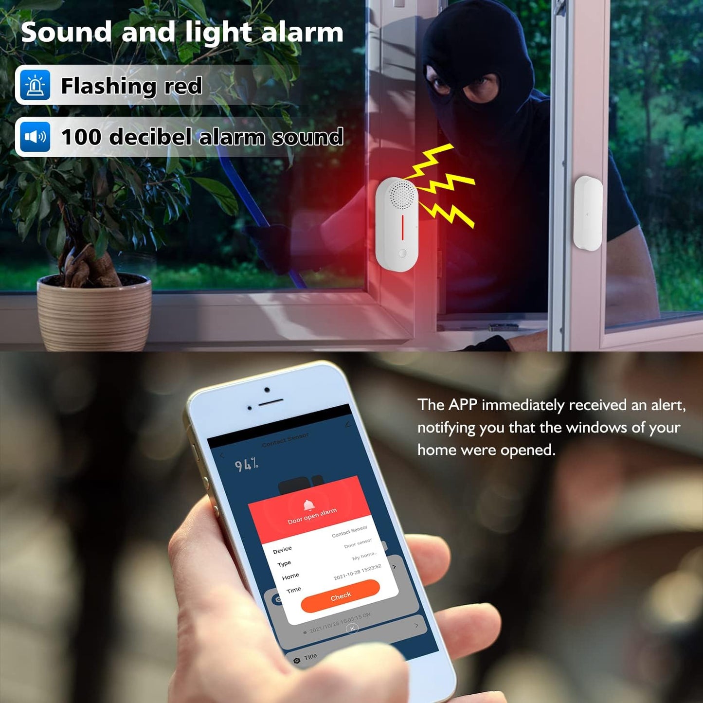 WiFi Door Window Sensor Alarm: Smart Door Sensor, Magnetic Contact Sensor Wireless for Home Security Burglar Alert, 90db Alarm & App Notification, Door Open Sensor Compatible with Alexa (1-Pack)