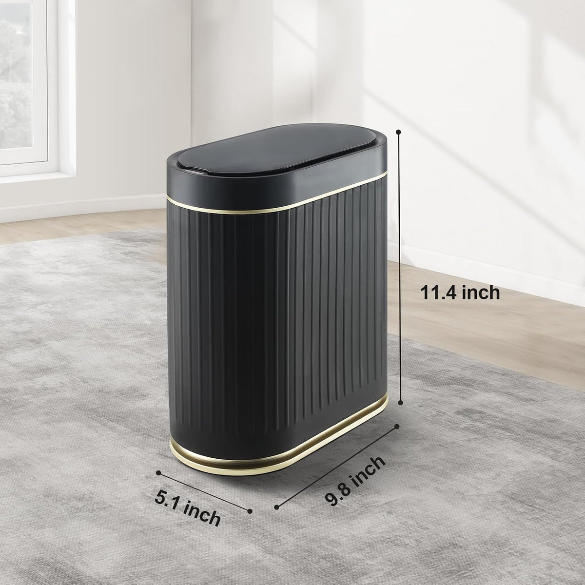 ELPHECO Slim Bathroom Trash Can with Lid, 2 Gallon Black Golden