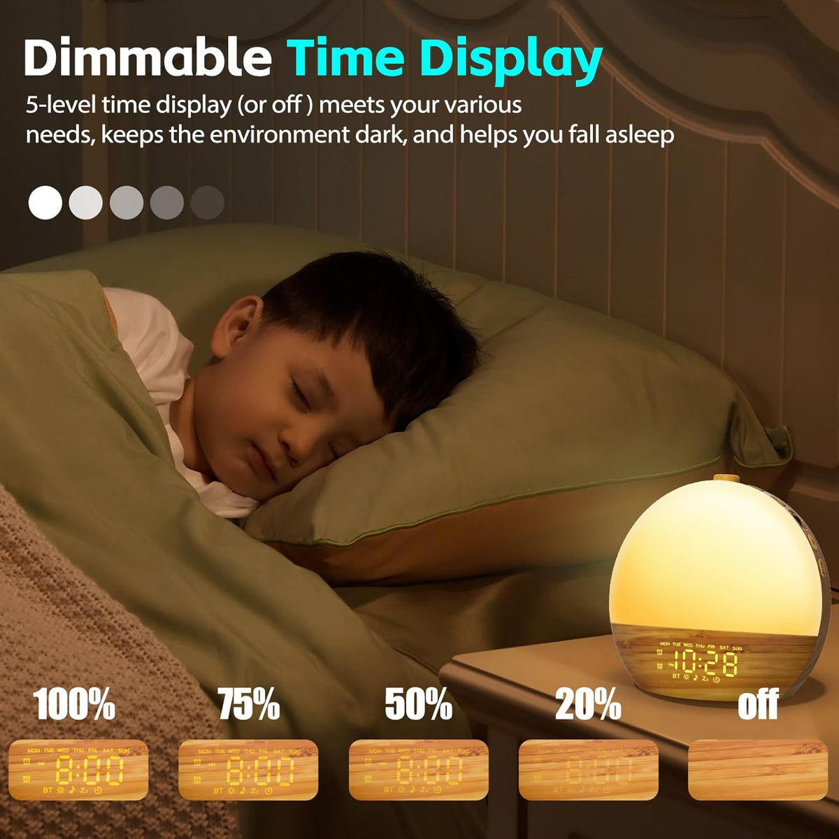 Geuuap Sunrise Alarm Clock, Noise Sound Machine Night Light, Wood Grain