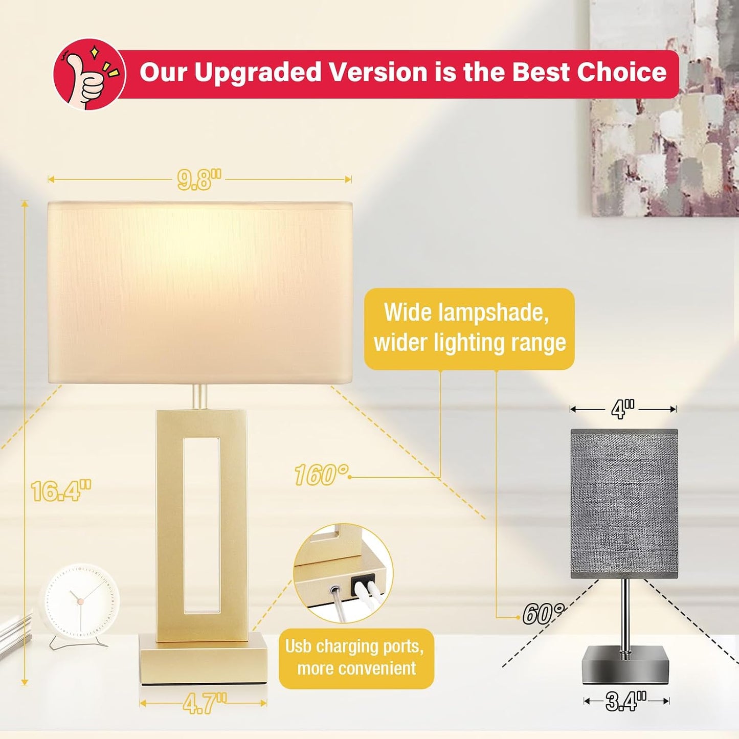 Gold Table Lamps Set of 2, 16.4" Bedside Lamps for Nightstand with USB C+A | 3 Way Dimmable, Touch Night Stand Lamp with Charging Station for Beroom, Dorm, Living Room, Desk, LED Bulb Included