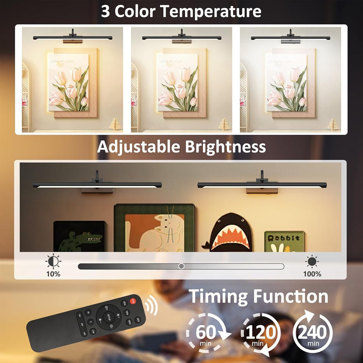 Aipsun 23.6" Black Picture Lights for Wall Rechargeable,12000mAh Battery Operated Art Light for Paintings,3CCT Dimmable, Rotatable Gallery Light for Pictures Display