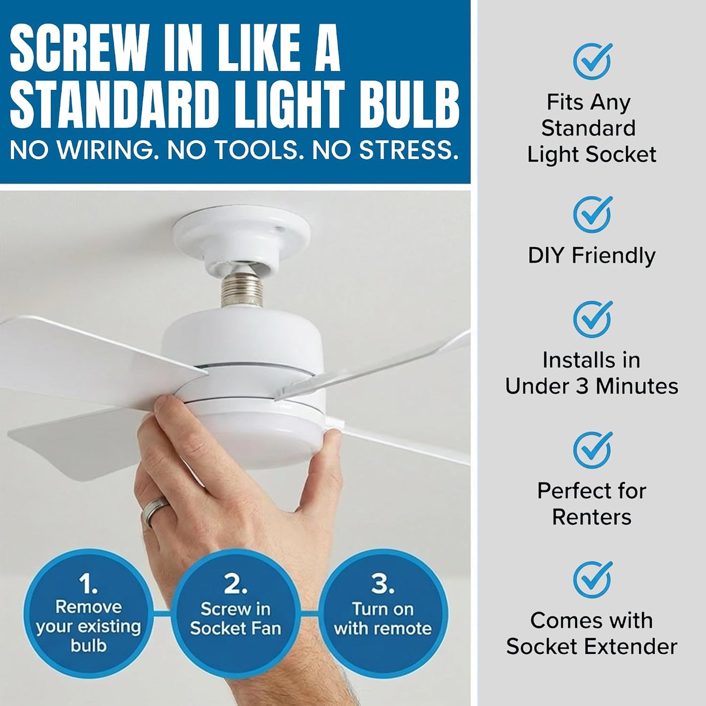 SOCKET BREEZE 15.4" Socket Fan Light Celing Fan with Remote Control | 1000 Lumens, 3 Speed & Light Modes, Portable Easy to Install Ceiling Fans Replacement for Bedroom, Bathroom, Living Room