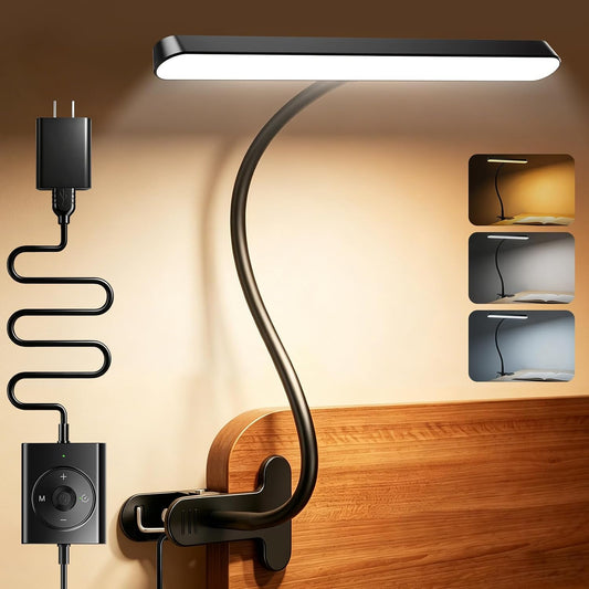 Glocusent 7W Clip on Light, 57 LED Reading Light for Bed, Amber Mode &Timer | 5 Brightness & 3 Colors for Bedside, 2.75" Clamp & 30Min Timer, USB Powered Clip on Lamp for Bunk/Headboard/Table/Work/Craft