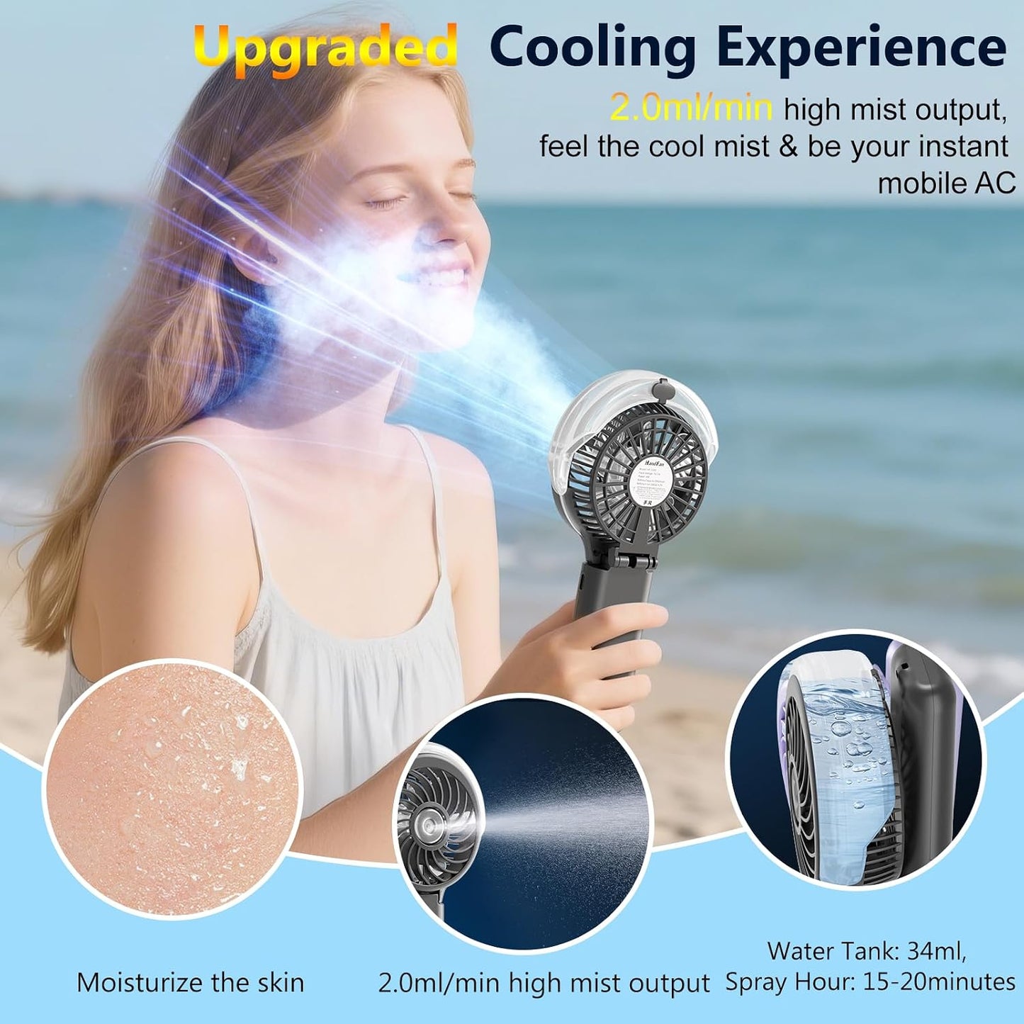 HandFan 5200mAh Upgraded Personal Misting Fan, Rechargeable Handheld Mister Fan, Spray Water Mist Fans, Portable Cooling AC, Electric Mini Hand Fans for Beach Travel Outdoors(Black)