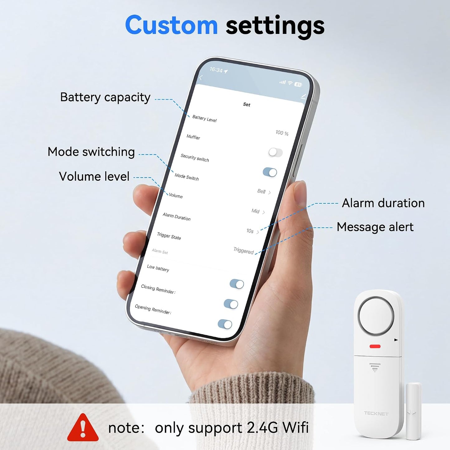 TECKNET Door Alarms When Opened, 2.4G WiFi Smart Door Sensor Alarm & Chime, App Alerts, Door Alarms for Kids Safety, Wireless Window Alarms for Home Security Systems for House, Pool, Sheds, 2 PCS