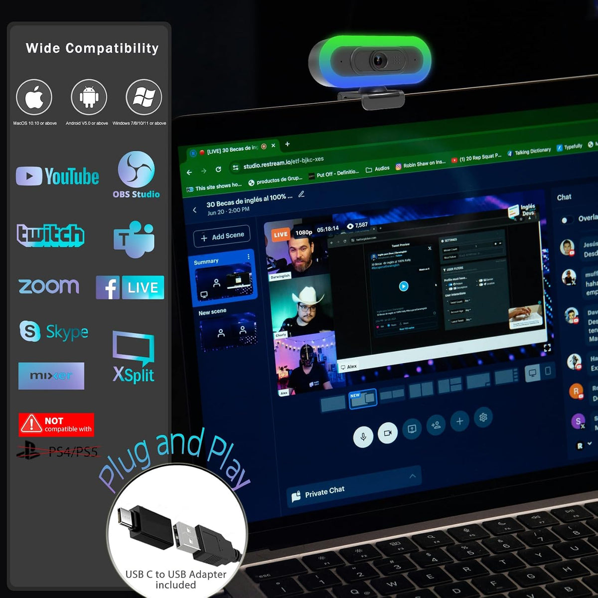 2K Webcam for PC with Microphone/Ring Light,USB C Computer Camera