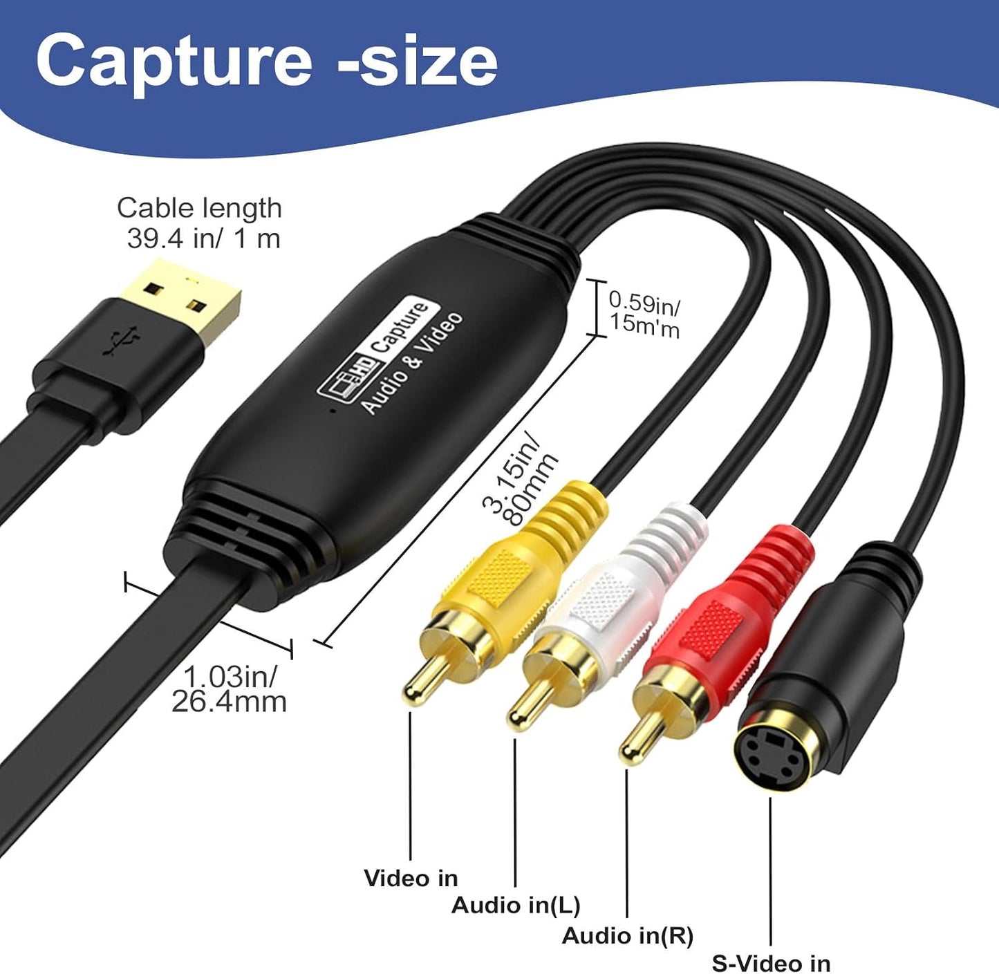 VHS to Digital Converter 1080P,USB Video Capture Card Device,RCA to USB,Video Converter for VHS VCR Hi8 Mini DV to Digital,for Tape Player Camcorder PC TV DVD Mac OS Windows