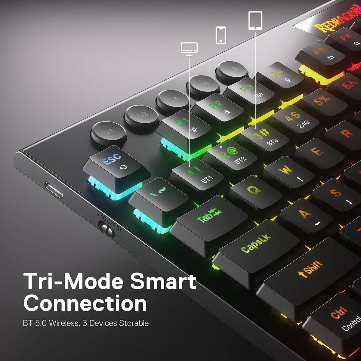 Redragon K618 PRO Wireless Ultra-Thin Gaming Keyboard, Macro &amp; Media Scroll | 0-Delay Tri-Mode, 5 On-Board Keybinding G Buttons for MMO MOBA Games, Dedicated Media Control, Easy-Switch Win/Mac Compatible