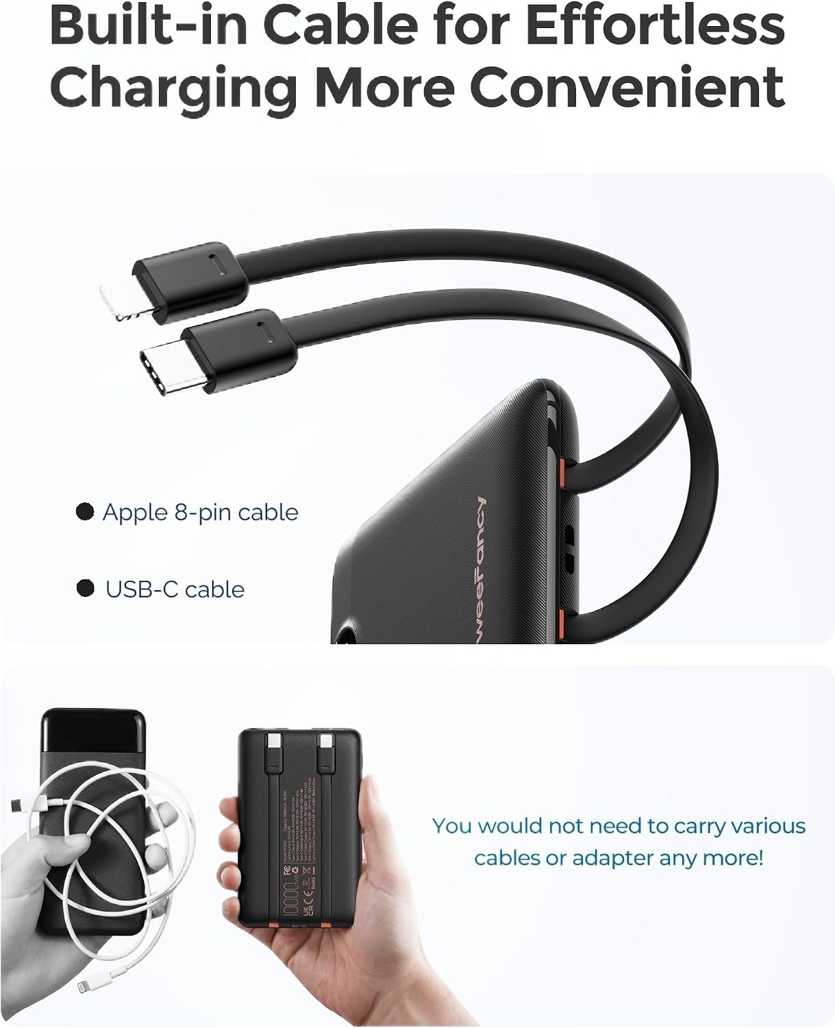 WeeFancy Compact Portable Charger 10000mAh with Built-in Cables | 22.5W Fast Charging Power Bank, Smaller Battery Pack for iPhone, Samsung, Android, Flight & Travel-Friendly, TSA-compliant