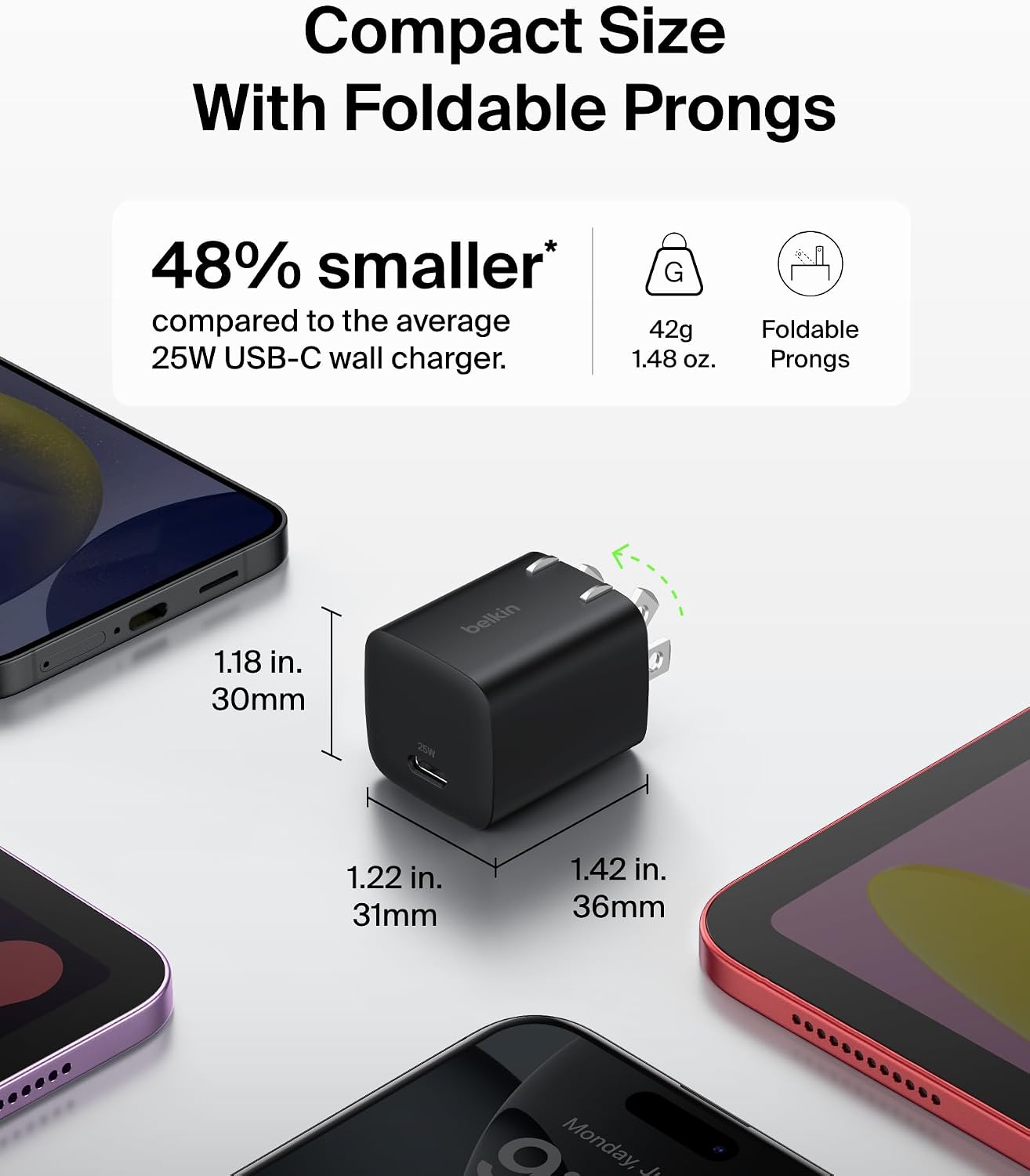 Belkin 25W Compact USB C Charger Block, 2 Pack, Fast Charging for Travel | PD 3.1, Travel Charger, iPad, iPhone 17, Samsung Galaxy, Pixel, AirPods, Apple Watch, Nintendo Switch 2, Foldable Prongs