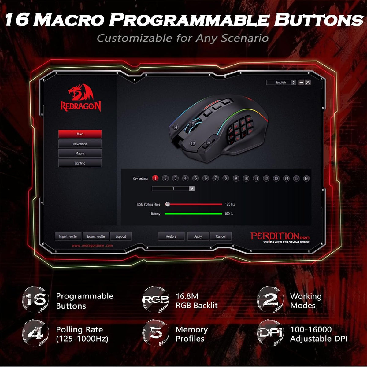 Redragon Wireless Gaming Mouse, MMO Gaming Mouse UP 16,000 DPI, 16 Macro Programmable Buttons, RGB Rechargeable with 12 Side Buttons, 70Hrs for PC Laptop MOBA FPS, M901P-KS