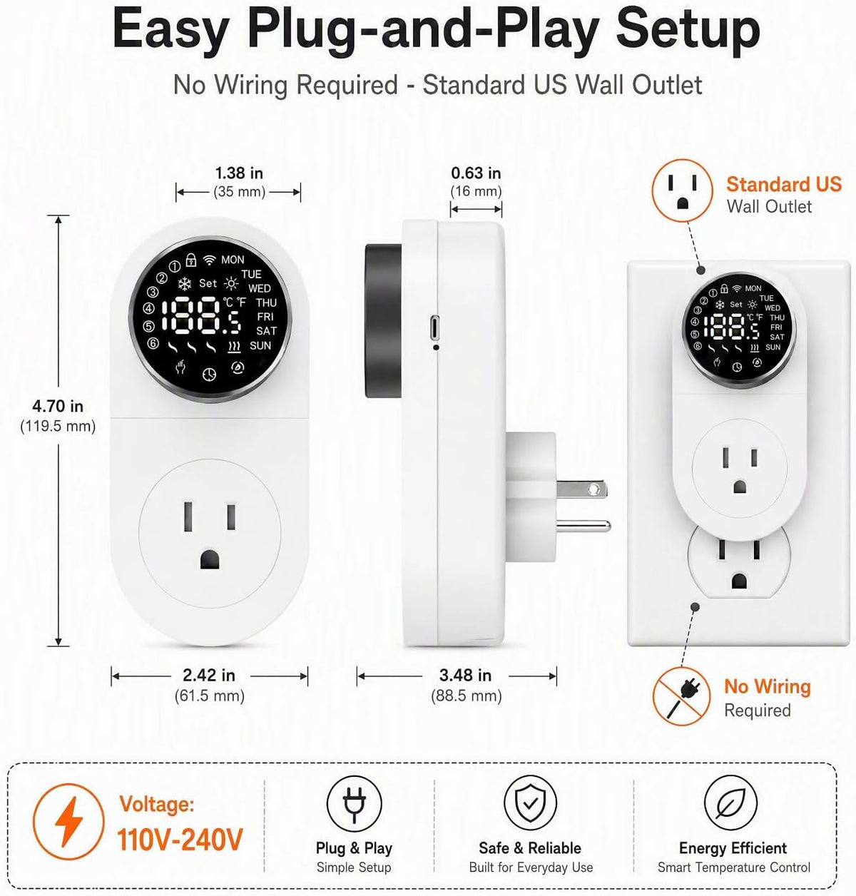Plug in WiFi Thermostat, Knob Temp Controller with Probe, App Control