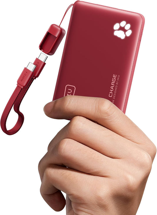 INIU 45W Fast Charging Portable Charger, Smaller 10000mAh Travel Power Bank | Flight-Safe, Detachable USB C Cable, Travel Essential, External Battery Phone Pack for iPhone 17 Samsung S26 iPad etc, Red