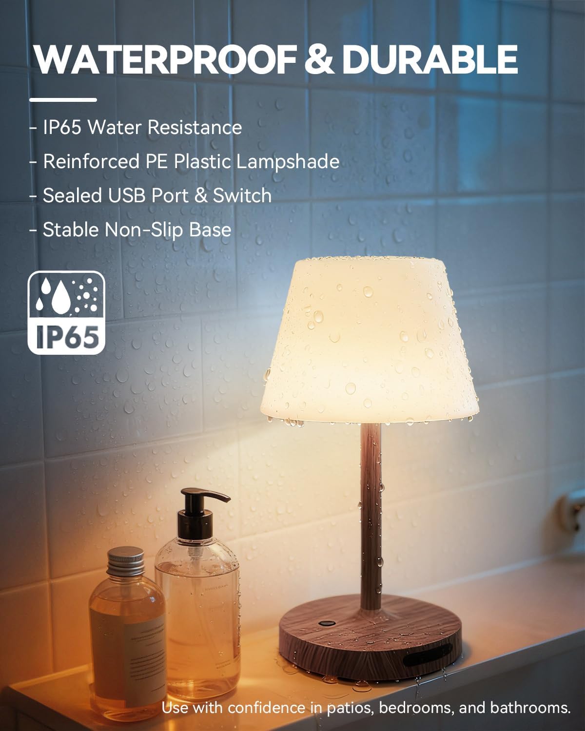 SAIWEYA Outdoor Waterproof Shower Lamp, 5200mAh Rechargeable Bathroom Lamp | IP65 Cordless Shower Light, Touch Dimming, Long-Lasting Battery, Versatile for Patio, Camping, Bathroom, Restaurant & Kitchen