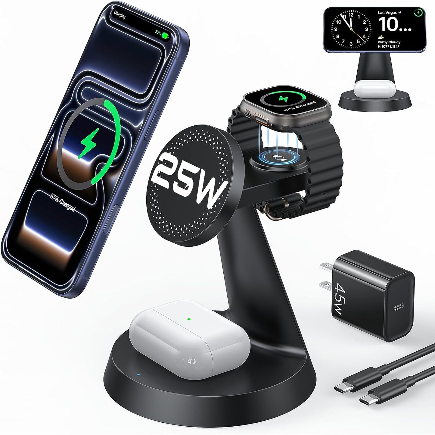 Meifigno 25W Fast 3 in 1 Charging Station for Apple Multiple Devices | 25W Magnetic Charger for iPhone 17/16, Compatible with MagSafe, with 45W Adapter, Watch Charger Stand for iWatch & Airpods