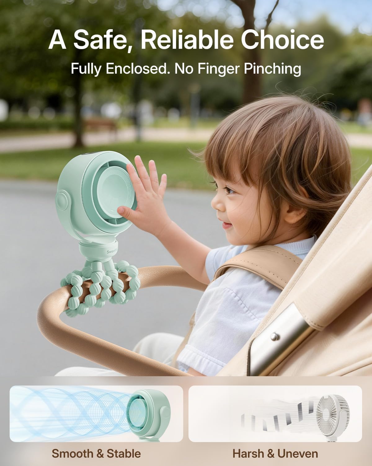 SWEETFULL Portable Stroller Fan, Pinch-Proof Baby Fan - Green | Wide Turbine Airflow; Safe Design; LED Display; 5-Speed; 30dB Quiet; USB-C Rechargeable; Mini Clip On Fan for Car Seat & Bed