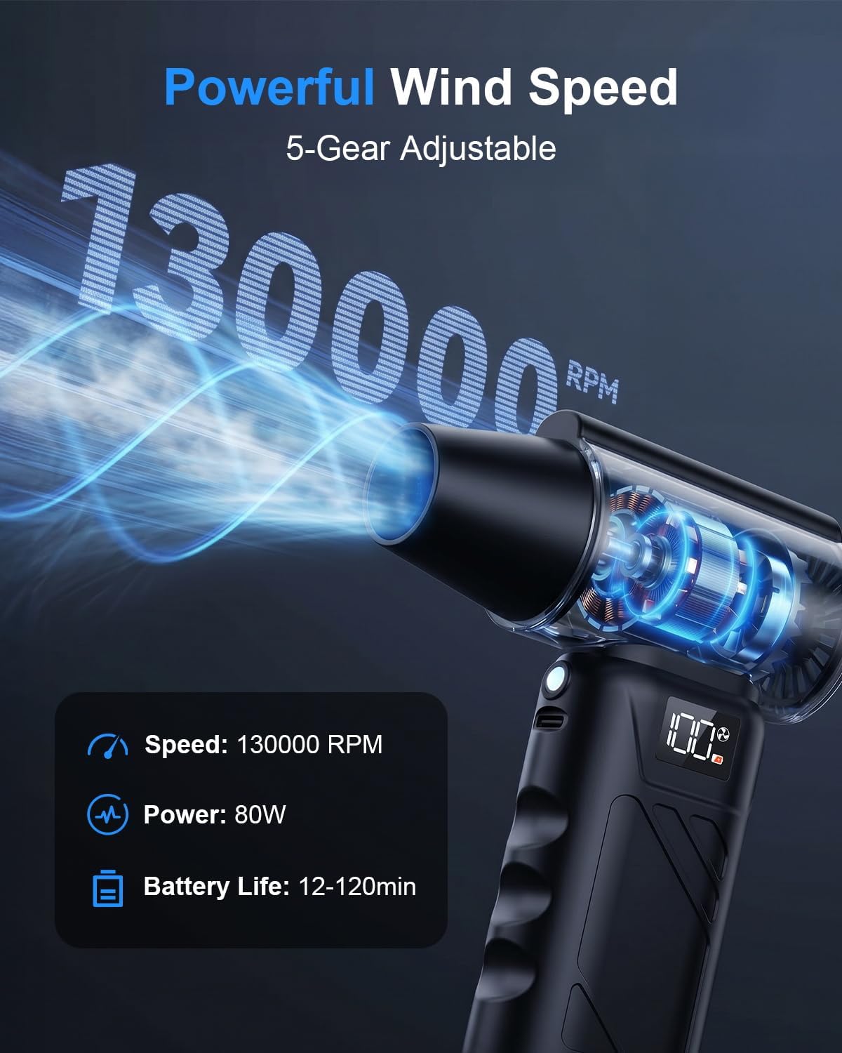Solarplay Black Compressed Air Duster, 130000 RPM Cordless Air Blower with 5-Gear Adjustable Speed, 4000mAh Fast Charging, 4 Nozzles for Car Cleaning Kit, PC Electronics, Home, Outdoor & Inflatables
