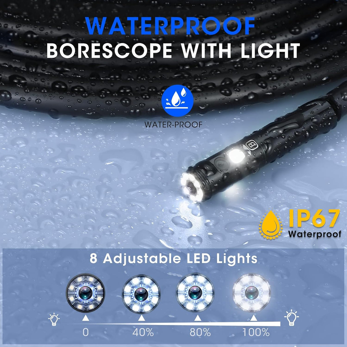 Triple Lens Borescope with 5" IPS Screen, 1920P HD Inspection Camera | Endoscope with 50FT Semi-Rigid Snake Cable & 32GB Card, IP67 Waterproof Plumbing Camera for Sewer/Automotive/Drain Pipe