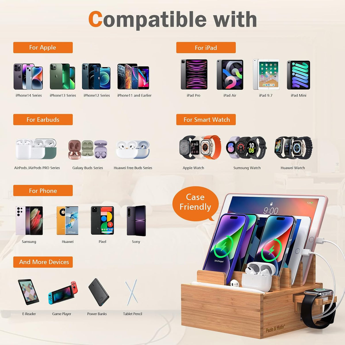 Pezin & Hulin Bamboo Charging Station for Multiple Devices with 5-Port HUB