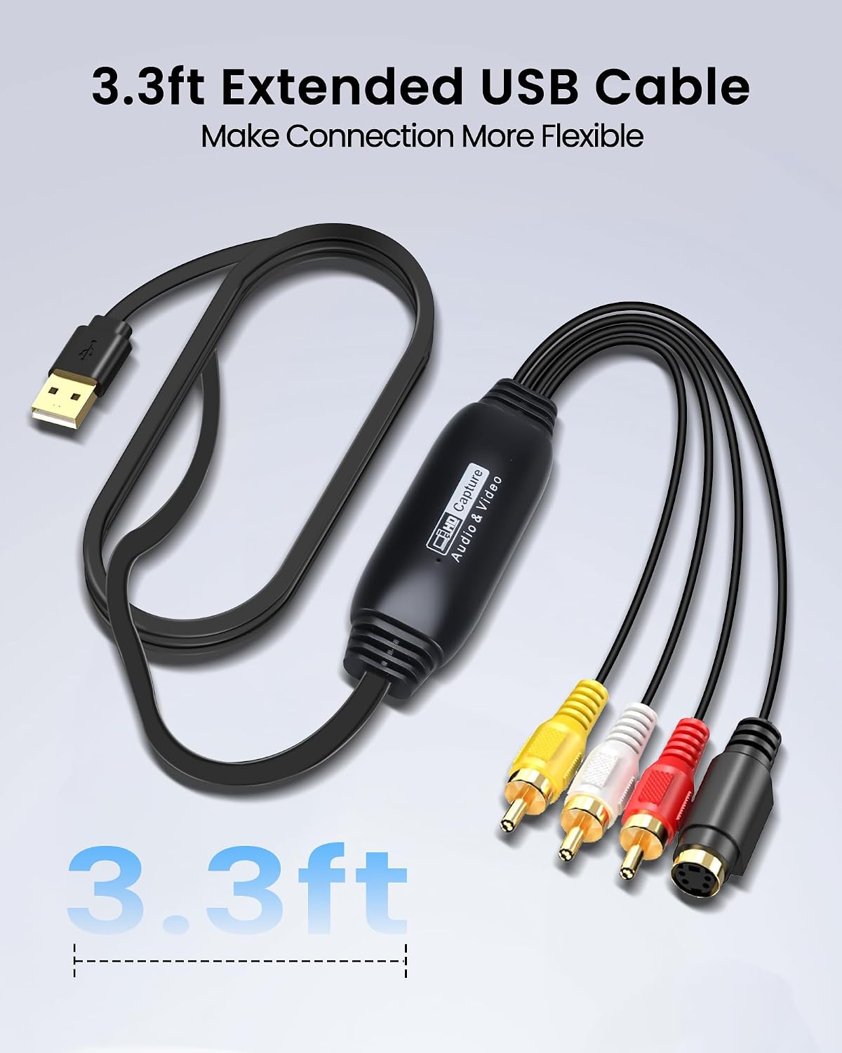 3.3 Feet VHS to Digital Converter, Type-C/USB 2.0 Video Cpture Card | RCA AV to USB Audio Video Converter, 1080 Video Capture Device Convert VHS VCR DVD to Digital Adapter for Windows, Mac OS