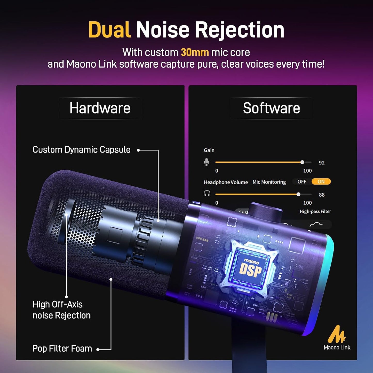 MAONO XLR/USB Gaming Microphone for PC, Dynamic Computer Mic for Streaming Podcasting, Noise Reduction, Mute, Volume Control, RGB Boom Mic for Vocal Recording,Voice-Over, PD100XS Black