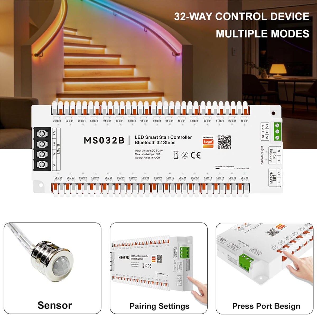 Tuya Smart APP WiFi Home Stairway Lighting Strip LED Motion Sensor Automatic Controller Kit 12V 24V 32 Channels (Wi-Fi)