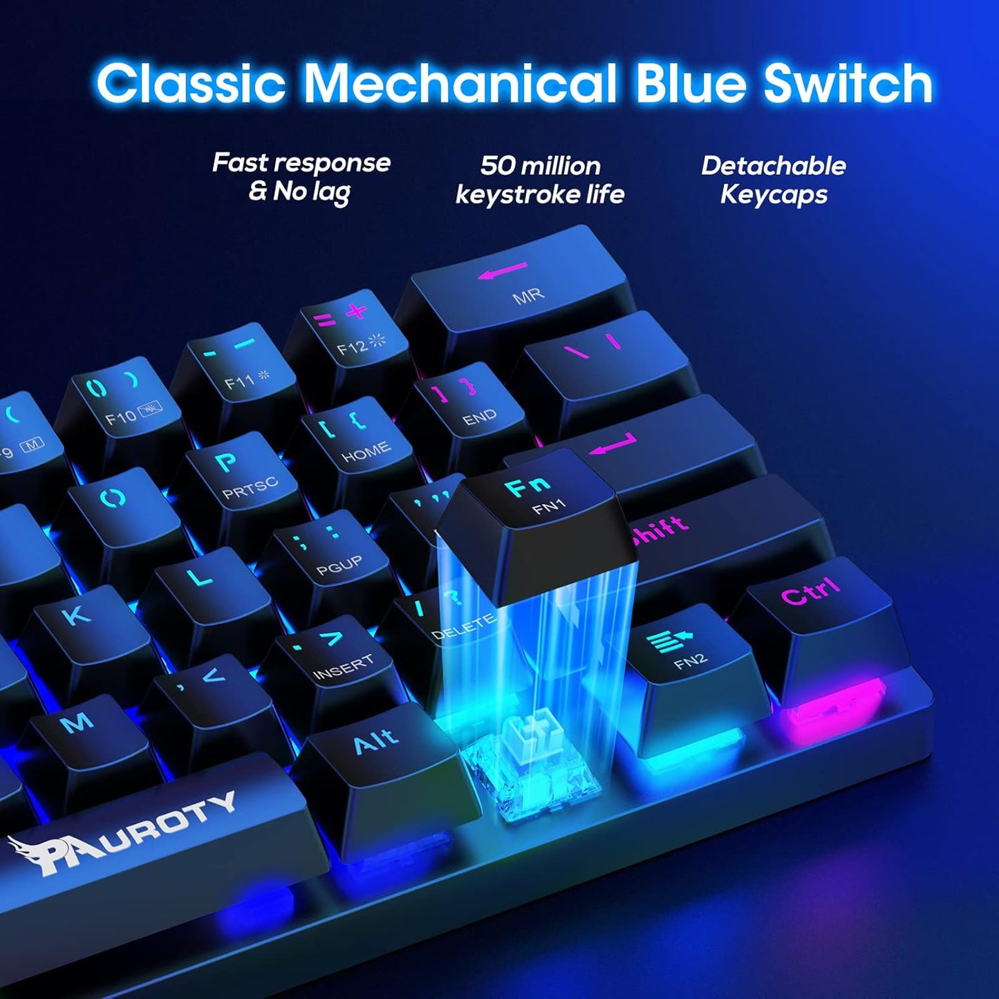 Pauroty 60% Wireless Mechanical Keyboard, Triple Mode 2.4G/USB-C/Bluetooth Gaming Keyboard, RGB Backlit, Clicky Blue Switch, 61 Keys Rechargeable Mini Wireless Keyboard for iPad Mac PC Xbox