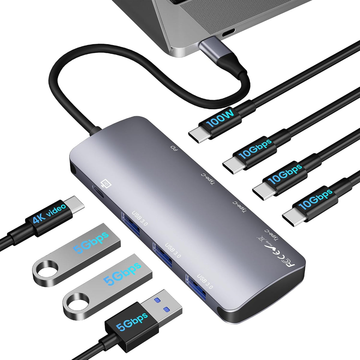8 in 1 USB C Hub 10Gbps, USB C Splitter with 4K@60Hz Video Output, 100W PD Charging & Data Transfer, Multiport USB C Adapter for MacBook Pro/Air, iPad Pro, More USB C Devices